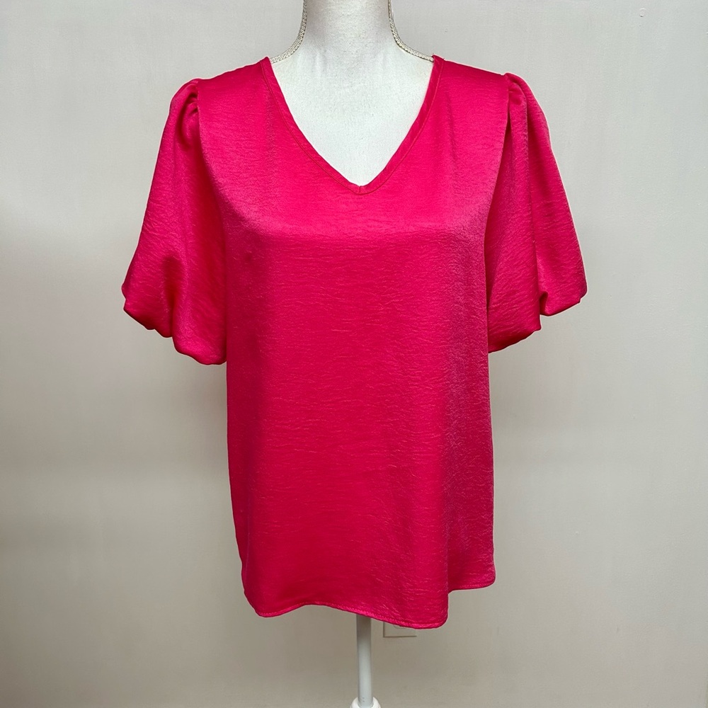 BIBI Women's Fuchsia V-Neck Short Puffy Sleeves Top Size L